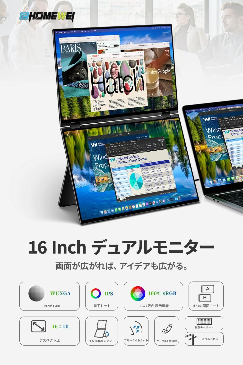 16インチ デュアルモニター 1920 x 1200 60Hz  XQ-160NF