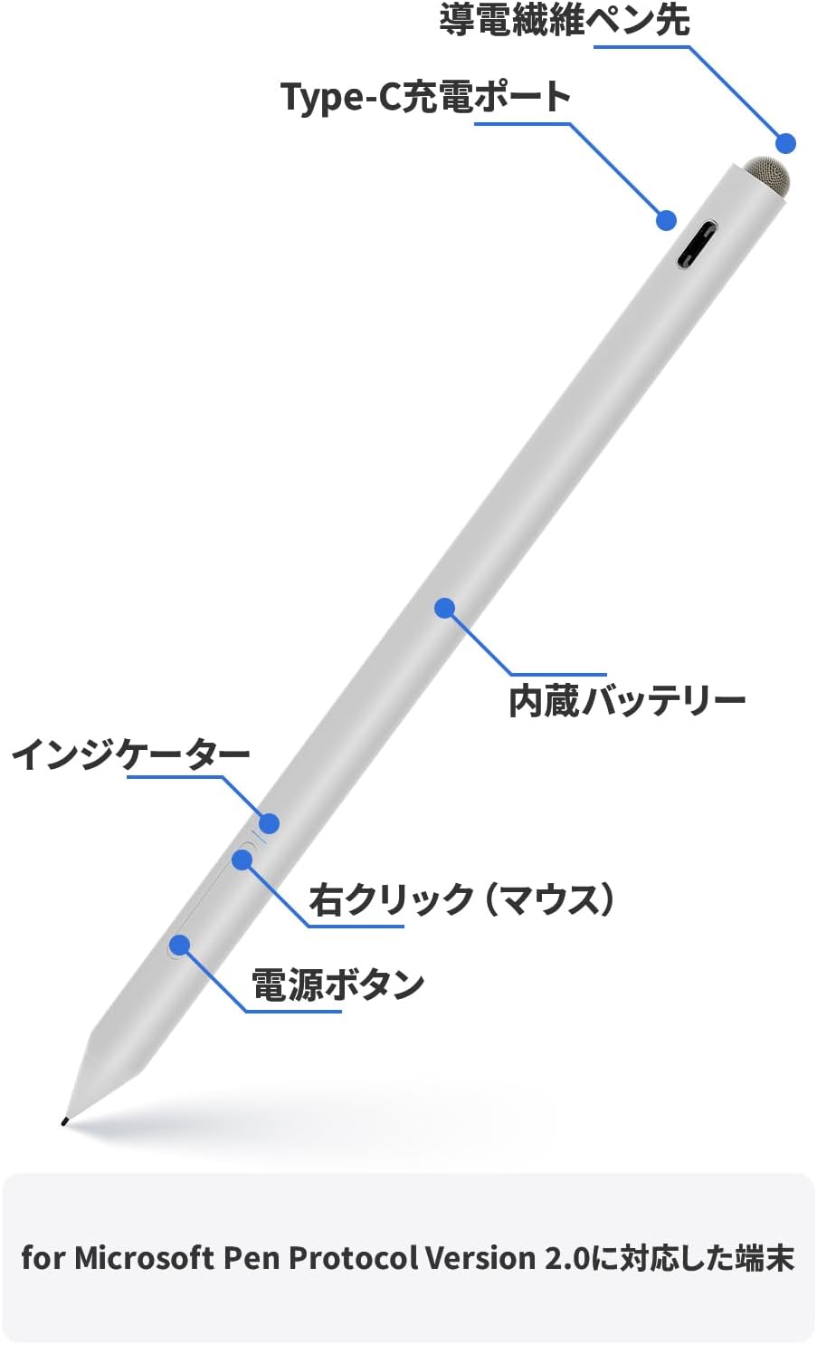 スタイラスタッチペン 4096筆圧対応 傾き検知 ホワイト