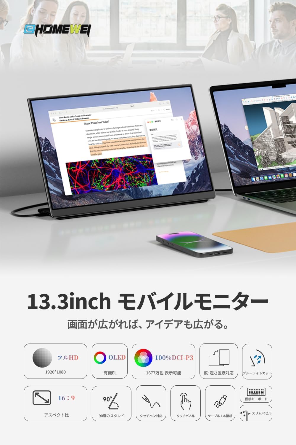 EHOMEWEI モバイルモニター 13.3インチ 有機EL FHD 4K